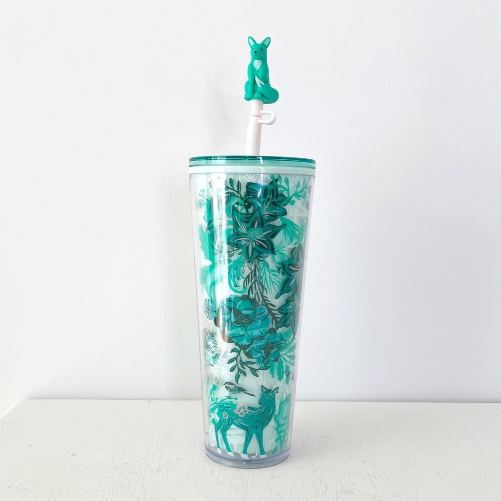 Starbucks Cold Cup Teal Woodland‎ Fox Floral Tumbler 24oz with Fox Topper NEW